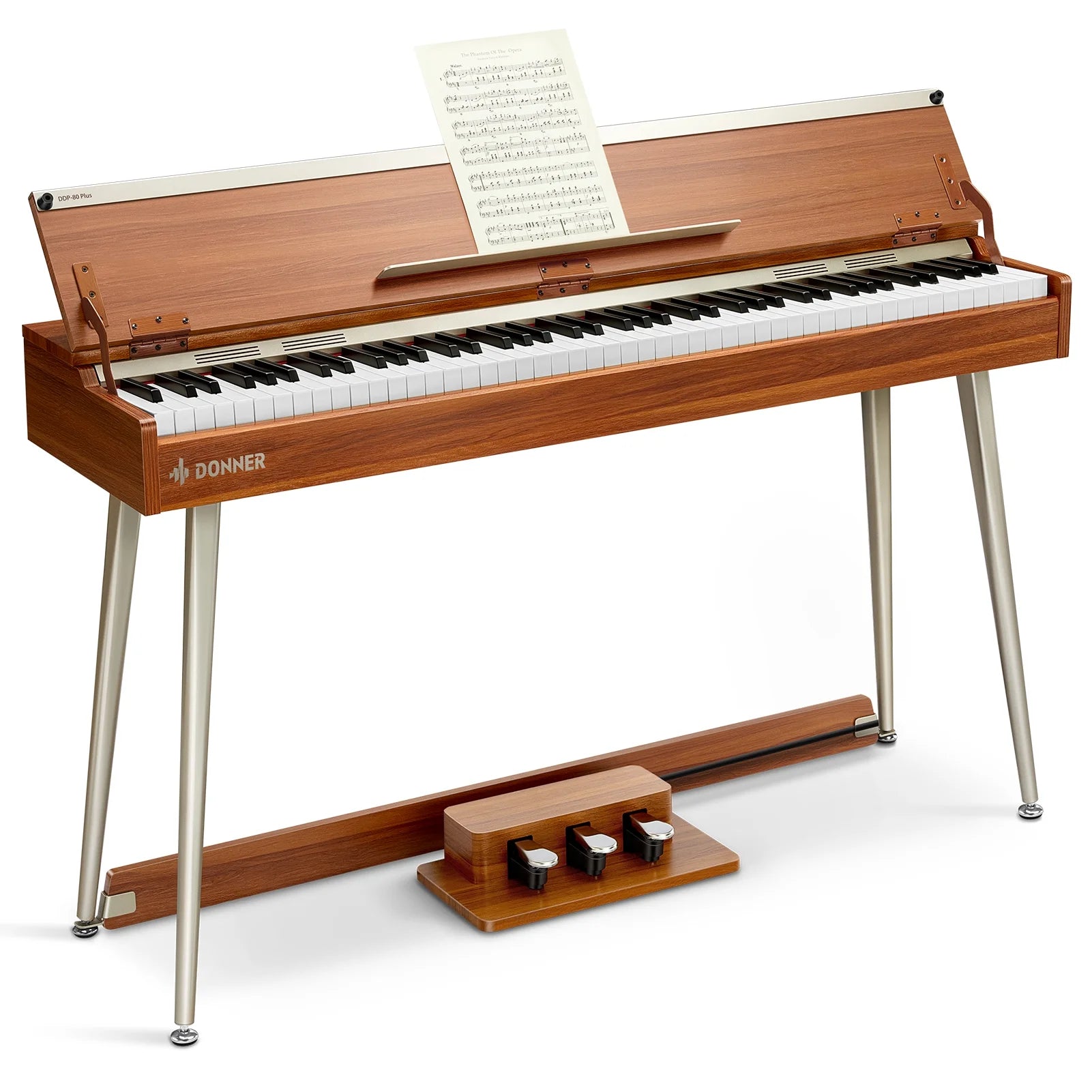 DDP-80 plus Digital Piano 88 Key Weighted Keyboard, Supports USB-MIDI and Headphones, with Three Pedal, Power Adapter, Brown